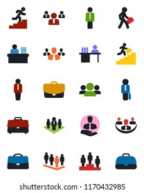 Color and black flat icon set - manager vector, pedestal, team, client, case, company, desk, career ladder, group