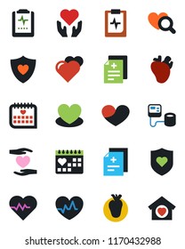 Color and black flat icon set - heart vector, pulse, diagnosis, blood pressure, diagnostic, shield, hand, real, medical calendar, clipboard, sweet home