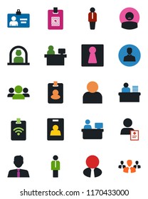 Color and black flat icon set - female vector, reception, manager, identity card, place, patient, user, desk, estate agent, pass, group