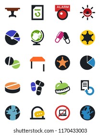 Color and black flat icon set - no laptop vector, ticket office, globe, document reload, pills, diet, earth, pie graph, table, police, alarm led