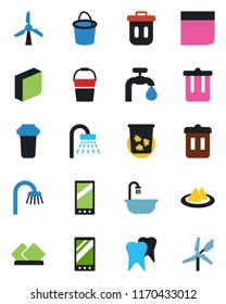 Color and black flat icon set - trash bin vector, shower, bucket, tooth, mobile, blank box, water supply, bathroom, serviette, filter, windmill
