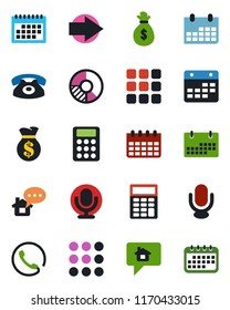 Color and black flat icon set - right arrow vector, calendar, circle chart, microphone, menu, calculator, phone, home message, money bag