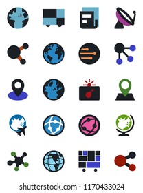Color and black flat icon set - satellite antenna vector, bomb in case, globe, plane, earth, pin, consolidated cargo, network, share, news, social media