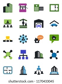 Color and black flat icon set - hierarchy vector, well, molecule, hospital, office building, garage, plan, home message