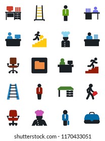 Color and black flat icon set - manager vector, desk, place, ladder, folder, career, cook, office chair, case
