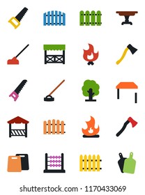 Color and black flat icon set - fence vector, tree, saw, fire, hoe, axe, abacus, table, alcove, cutting board