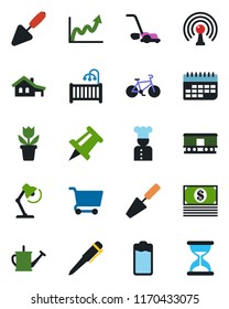 Color and black flat icon set - pen vector, drawing pin, flower in pot, trowel, watering can, lawn mower, bike, term, railroad, antenna, battery, desk lamp, house with garage, children room, cook