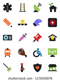 Color and black flat icon set - train vector, disabled, statistic monitor, rake, ladder, glove, syringe, ambulance star, heart shield, warehouse storage, satellite antenna, rec button, drawing pin