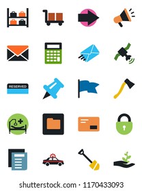 Color and black flat icon set - alarm car vector, right arrow, luggage storage, lock, mail, document, job, axe, hospital bed, cargo, satellite, paper pin, folder, reserved, flag, calculator