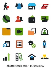 Color and black flat icon set - reception vector, shop, growth statistic, office binder, document search, folder, warehouse storage, group, fast forward, call, news, abacus, paper tray, manager