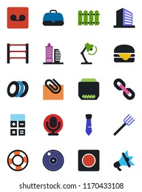Color and black flat icon set - office building vector, calculator, farm fork, rack, vinyl, microphone, chain, hdmi, record, paper clip, desk lamp, tie, fence, plates, hamburger, case, advertising