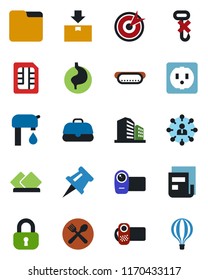 Color and black flat icon set - hierarchy vector, stomach, no hook, package, video camera, sim, folder, drawing pin, news, water supply, lock, cafe, hot dog, serviette, socket, target, case