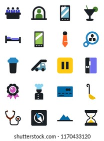Color and black flat icon set - credit card vector, reception, bed, ladder car, mobile phone, medal, tie, meeting, stethoscope, pause button, compass, mountains, fridge, cook, cocktail, ladle