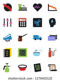 Color and black flat icon set - airport building vector, crisis graph, brainstorm, garden sprayer, heart pulse, cargo container, car delivery, loudspeaker, tuning, cut, checklist, restaurant receipt