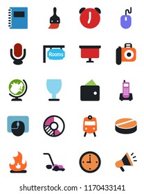 Color and black flat icon set - train vector, globe, mouse, presentation board, circle chart, lawn mower, fire, pills, office phone, fragile, camera, microphone, themes, alarm, copybook, clock