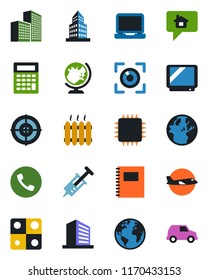 Color and black flat icon set - phone vector, globe, plane, office building, syringe, earth, tv, laptop pc, application, copybook, target, heater, chip, eye scan, home message, calculator, car