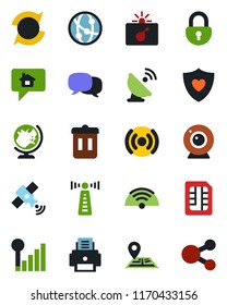 Color and black flat icon set - antenna vector, bomb in case, globe, heart shield, navigation, satellite, network, message, sim, lock, cellular signal, update, printer, wireless, web camera, home