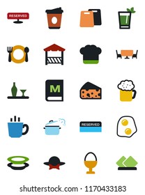 Color and black flat icon set - coffee vector, alcohol, cafe, cook hat, menu, reserved, phyto bar, beer, plates, egg stand, table, dress code, alcove, cutting board, steaming pan, omelette, cheese