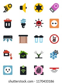 Color and black flat icon set - no mobile vector, home control, eco house, socket, fingerprint, irrigation, snowflake, air conditioner, water filter, energy saving bulb, sound, jalousie, police
