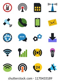 Color and black flat icon set - no mobile vector, phone, gear, 24 hours, antenna, satellite, remote control, dialog, call, sim, network, download, wireless, cellular signal, mail, advertising