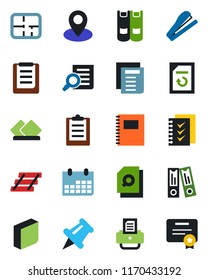 Color and black flat icon set - book vector, office binder, document search, calendar, reload, printer, pin, clipboard, paper, copybook, blank box, checklist, tray, stapler, plan, serviette