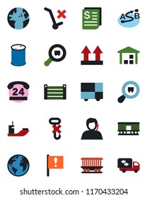 Color and black flat icon set - earth vector, railroad, important flag, 24 hours, support, sea shipping, receipt, container, consolidated cargo, up side sign, no trolley, hook, warehouse, oil barrel