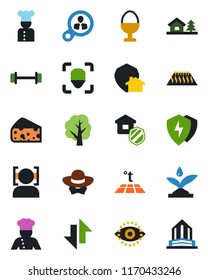 Color and black flat icon set - tree vector, barbell, protect, data exchange, face id, eye, house with, estate insurance, cook, egg stand, dress code, cheese, irrigation, warm floor, home