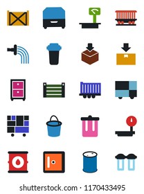 Color and black flat icon set - trash bin vector, checkroom, bucket, watering, railroad, truck trailer, container, consolidated cargo, package, oil barrel, heavy scales, archive box, water filter