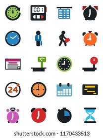 Color and black flat icon set - 24 around vector, alarm clock, flight table, calendar, heavy scales, stopwatch, manager, schedule, sand