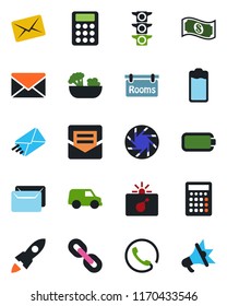 Color and black flat icon set - bomb in case vector, mail, traffic light, chain, battery, mobile camera, calculator, rooms, phone, salad, rocket, cash, car, advertising