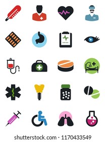 Color and black flat icon set - disabled vector, heart pulse, doctor case, syringe, dropper, thermometer, pills, bottle, blister, ambulance star, hospital bed, stomach, lungs, implant, eye, flask