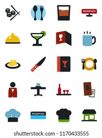 Color and black flat icon set - spoon and fork vector, coffee, waiter, dish, alcohol, restaurant table, serviette, cafe, cook hat, wine card, reserved, drink, cocktail, receipt, knife, sushi