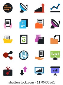 Color and black flat icon set - satellite antenna vector, bomb in case, growth statistic, document, monitor, reload, diagnosis, folder, network, sd, data exchange, statistics, point graph