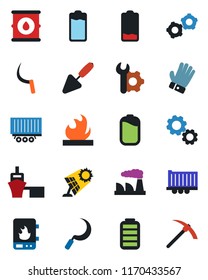 Color and black flat icon set - gear vector, factory, trowel, glove, sickle, truck trailer, sea port, flammable, oil barrel, battery, low, root setup, water heater, sun panel, hard work