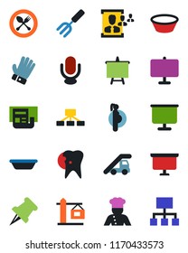Color and black flat icon set - spoon and fork vector, ladder car, presentation board, garden, glove, caries, pregnancy, microphone, paper pin, news, hr, crane, cook, bowl, hierarchy