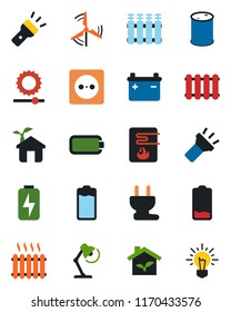 Color and black flat icon set - oil barrel vector, battery, low, torch, brightness, charge, desk lamp, windmill, heater, eco house, socket, power plug, water, radiator, idea