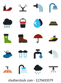 Color and black flat icon set - shower vector, bucket, watering, boot, water drop, rain, pond, sea shipping, umbrella, supply, bathroom, irrigation, filter, warm floor, sprinkler