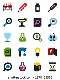 Color and black flat icon set - document search vector, bulb, blood test vial, thermometer, heart diagnostic, ampoule, fragile, cargo, water supply, estate, wine card, cocktail, beer, money, flask