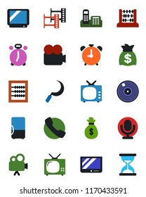 Color and black flat icon set - alarm clock vector, abacus, money bag, sickle, film frame, vinyl, tv, video camera, microphone, call, office phone, fridge, sand