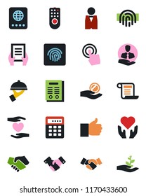 Color and black flat icon set - passport vector, handshake, document, heart hand, client, touch screen, finger up, fingerprint id, contract, waiter, remote control, combination lock, investment