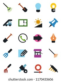 Color and black flat icon set - right arrow vector, ladder car, drawing pin, bulb, job, pencil, garden fork, shovel, rake, well, satellite, brightness, ink pen, plan, phone, rolling