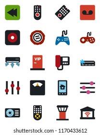 Color and black flat icon set - airport tower vector, stamp, scales, gamepad, settings, remote control, rewind, rec button, tuning, record, air conditioner, vip zone, intercome, home app
