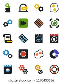 Color and black flat icon set - ticket office vector, gear, circle chart, contract, pills blister, fast forward, record, eye id, washer, flower in pot, omelette, crisis management