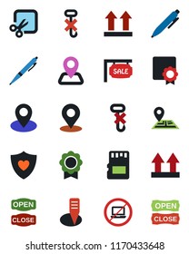 Color and black flat icon set - no laptop vector, pen, plant label, heart shield, navigation, pin, up side sign, hook, sd, cut, place tag, sertificate, sale, open close