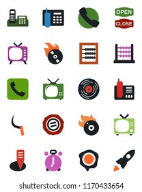 Color and black flat icon set - alarm clock vector, tv, stamp, sickle, plant label, vinyl, flame disk, radio phone, call, abacus, office, open close, rocket