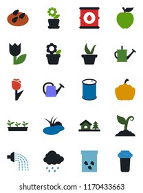 Color and black flat icon set - flower in pot vector, seedling, watering can, sproute, rain, pumpkin, seeds, pond, tulip, oil barrel, house with tree, apple fruit, water filter