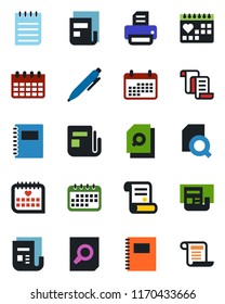 Color and black flat icon set - contract vector, document search, pen, notepad, calendar, printer, medical, news, copybook