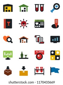 Color and black flat icon set - contract vector, statistic monitor, plant label, blood test vial, heart diagnostic, medical calendar, warehouse, package, application, alcohol, wine card, alarm led