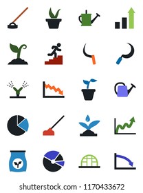 Color and black flat icon set - growth statistic vector, seedling, watering can, sproute, hoe, sickle, greenhouse, fertilizer, pie graph, career ladder, irrigation, crisis