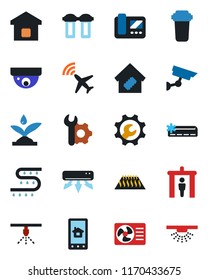 Color and black flat icon set - plane radar vector, security gate, drip irrigation, root setup, air conditioner, smart home, intercome, control app, water filter, warm floor, surveillance, sprinkler